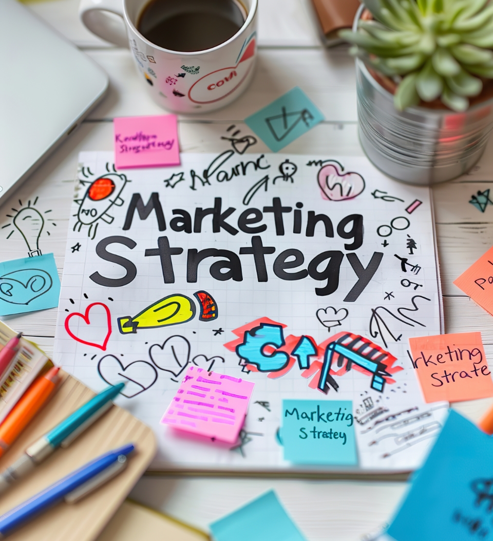 branding Ein Arbeitsplatz mit einem Notizbuch mit dem Titel „Marketingstrategie“ auf dem Cover, umgeben von bunten Kritzeleien. Haftnotizen, ein Laptop, eine Kaffeetasse und ein Topf mit Sukkulenten vervollständigen das lebendige Ambiente und suggerieren eine kreative Brainstorming-Sitzung.