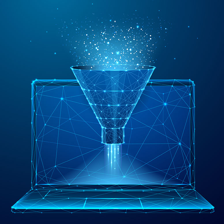 Digitale Illustration eines leuchtenden, Licht ausstrahlenden Trichters vor einem Drahtgitter-Laptop auf dunkelblauem Hintergrund, der Datenfilterung oder KI-Verarbeitung symbolisiert.