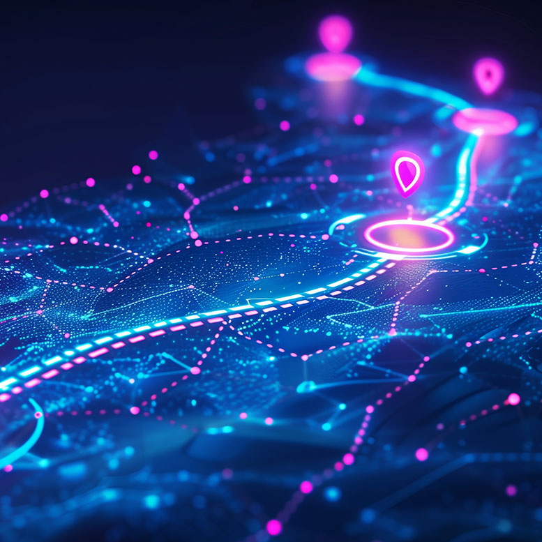 weg und Ziel Futuristische digitale Karte mit einem neonblauen und violetten Netzwerk. Leuchtend rosafarbene Standortmarkierungen sind durch einen gepunkteten Pfad auf einem gitterartigen Hintergrund verbunden und vermitteln so den Eindruck technologischer Navigation oder Routenplanung.