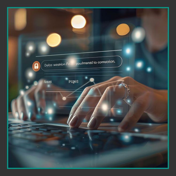Sichtbarkeit Internet Webseite Hände tippen auf einem Laptop mit einer digitalen, futuristischen Benutzeroberfläche. Der Bildschirm zeigt verschwommenen Text und Symbole, leuchtende Verbindungen symbolisieren den Datenfluss. Das Ambiente ist technikorientiert und innovativ.