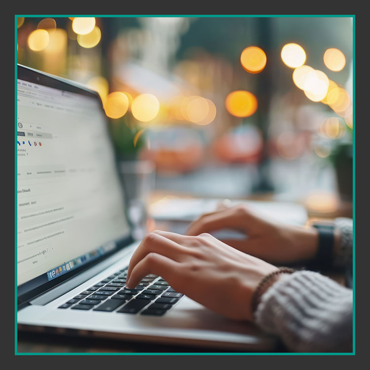Webseite guter content Nahaufnahme von Händen, die in gemütlicher Umgebung auf einer Laptoptastatur tippen. Im Hintergrund sind sanft verschwommene Lichter von Fenstern oder Straßenlaternen zu sehen, die eine warme, einladende Atmosphäre schaffen.