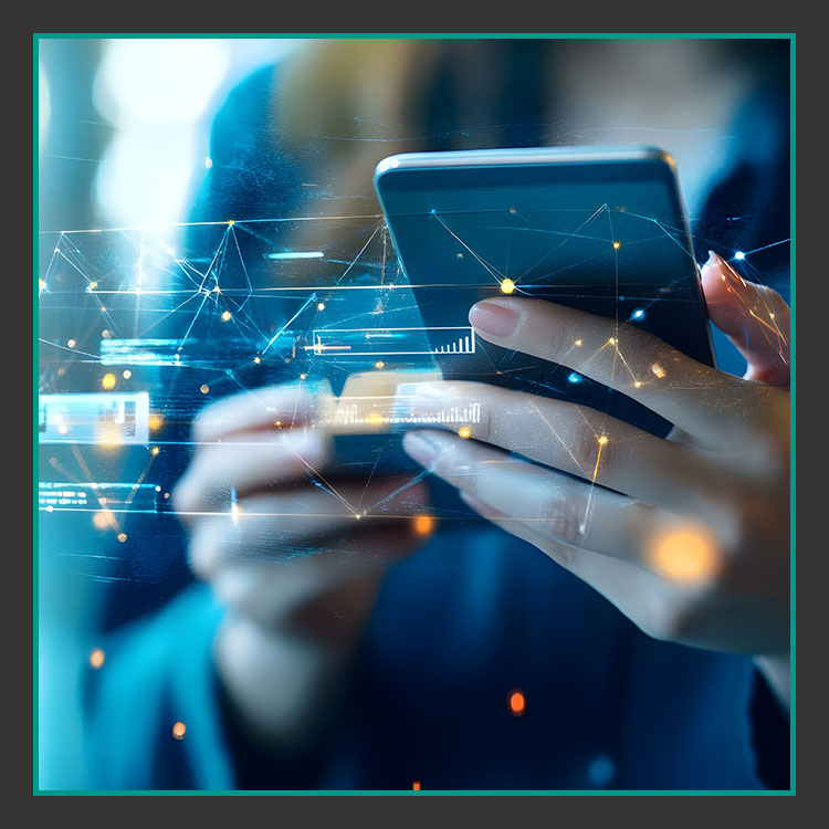 Digitale Kontakte pflegen Eine Person hält ein Smartphone. Abstrakte digitale Grafiken und Netzwerke überlagern das Bild und symbolisieren Technologie und Konnektivität. Der Hintergrund ist mit einem blauen Farbton verschwommen, was eine futuristische Atmosphäre erzeugt.