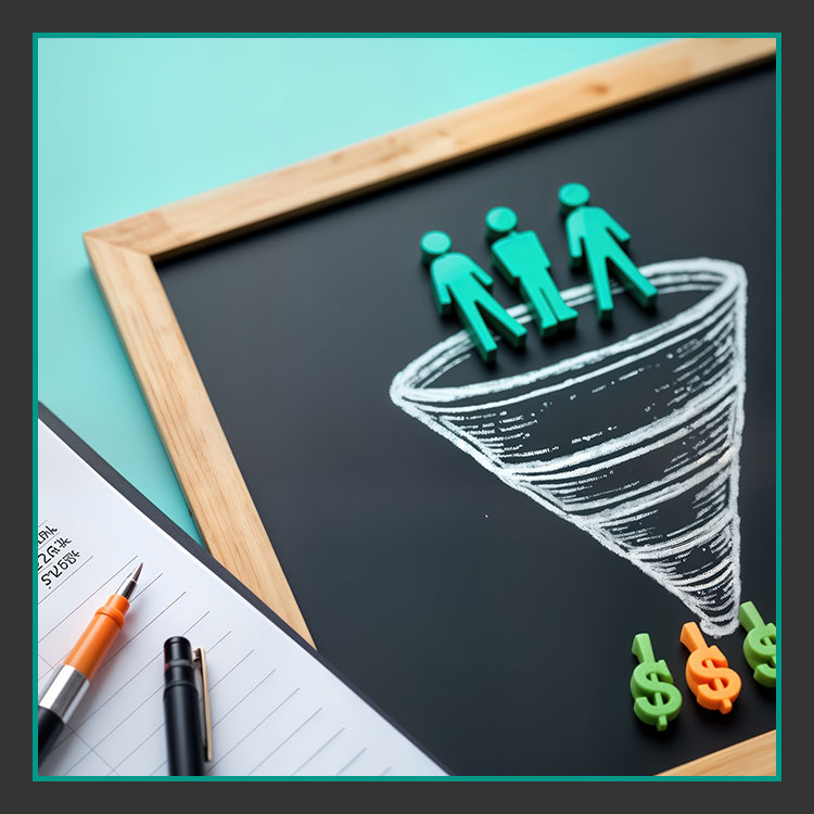 Inbound Marketing Auf einer Tafel ist ein gezeichneter Trichter abgebildet, mit drei grünen Figuren oben und Dollarzeichen unten. Ein Holzrahmen umgibt die Tafel. Daneben liegen ein Stift, ein Bleistift und ein linierter Notizblock. Der Hintergrund ist helltürkis.
