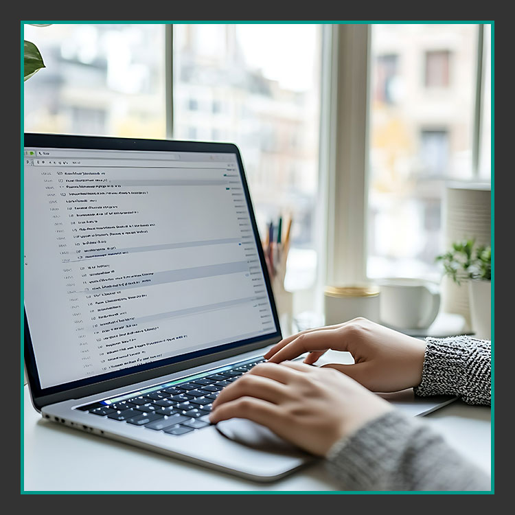 Digitalagentur Werbeagentur Ansbach Reiter Schweiger Eine Person tippt auf einem Laptop, der einen E-Mail-Posteingang anzeigt. Der Laptop steht auf einem Schreibtisch in der Nähe eines Fensters. Auf dem Schreibtisch liegen eine Topfpflanze, eine Tasse und Schreibwaren. Durch das Fenster ist ein verschwommener Blick auf die Gebäude draußen möglich.