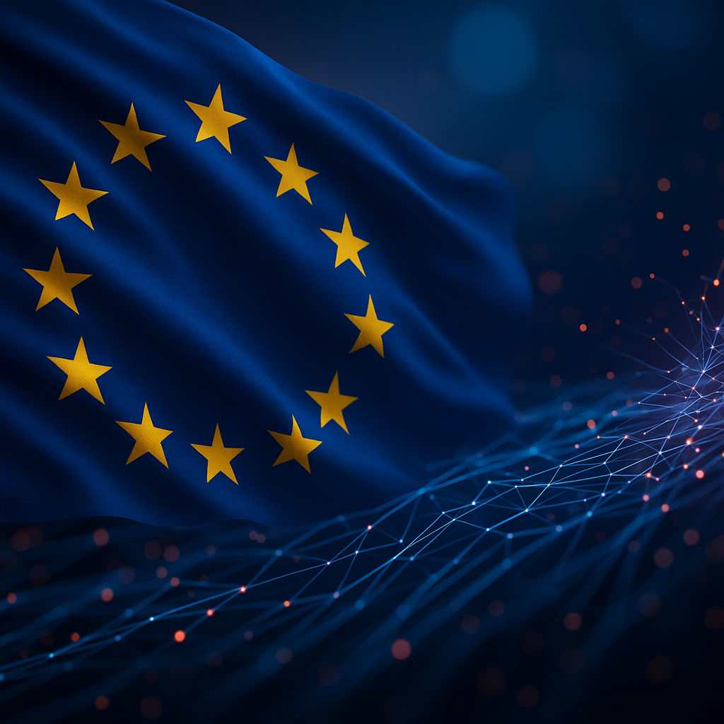 EU Mindeststandards für digitale Barrierefreiheit Eine wehende Flagge der Europäischen Union mit gelben Sternen auf blauem Hintergrund, neben einem leuchtenden digitalen Netzwerkmuster, symbolisiert Technologie und Konnektivität in Europa.