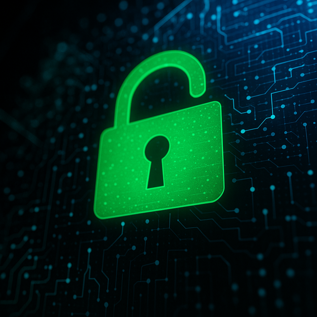 Barrierefreie Onlinepräsenz BFSG Ein leuchtend grünes Vorhängeschloss-Symbol ist auf einem dunklen digitalen Hintergrund unverschlossen dargestellt und symbolisiert Cybersicherheit bzw. Datenzugriff. Schaltkreisartige Muster sind sichtbar und betonen das technologische Thema.
