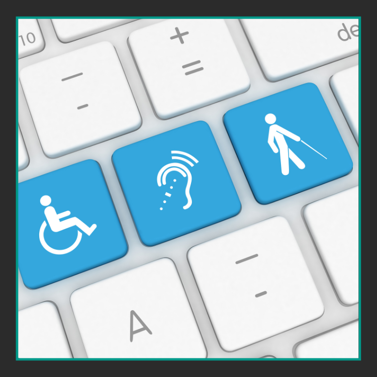 Barrierefreie Website BFSG Eine Computertastatur mit drei blauen Tasten, auf denen Symbole für Barrierefreiheit angezeigt werden: ein Rollstuhl, ein Ohr mit Schallwellen für Hörbehinderungen und eine Person mit einem Gehstock für Sehbehinderungen.