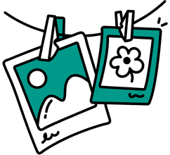 Symbol für Stock Bilder: Zwei Polaroid-Fotos, die mit Wäscheklammern an einer Leine aufgehängt sind