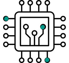 Symbol für KI Generierte Stock Medien: Ein einfacher schwarzer Umriss eines Computer-Mikrochips mit Schaltkreisen im Inneren