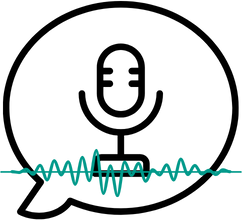 Symbol für Stock Audio: Ein schwarzer Umriss eines Mikrofons in einer Sprechblase, mit blaugrünen Schallwellen