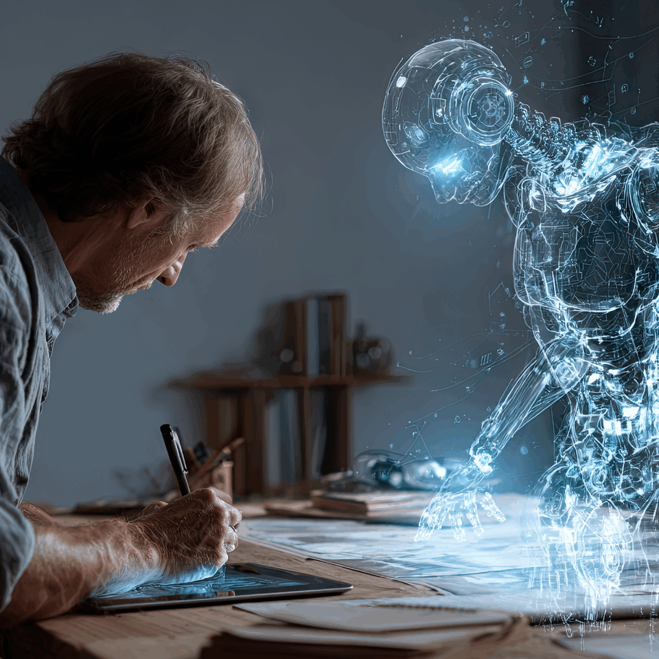 Ein Mann zeichnet an einem Schreibtisch auf einem Tablet, während ein leuchtender, durchsichtiger humanoider Roboter aus blauem digitalem Licht aus dem Gerät zu kommen scheint und mit ihm in einem schwach beleuchteten Raum voller Bücher und Papiere interagiert.